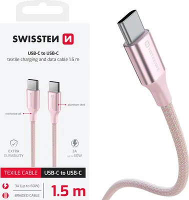 Zdjęcie produktu dla Kabel Usb Do Ładowania Usb-c Usb-c Różowy 1,5m Oplot 3a 60w Swissten