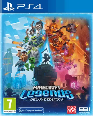 The image is a game cover art for Minecraft Legends Deluxe Edition on PS4. It features characters and scenes from the game, divided into two distinct visual styles representing opposing factions.