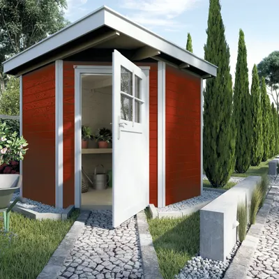 Produktbild von WEKA 229.2121.13400 Gartenhaus/Blockbohlenhaus Quinta mit Einzeltür ; Größe: 1 ; Farbgebung: Schwedenrot ; Wandstärke: 21 mm ; Maße (LxBxH): 205 cm x 209 cm x 217 cm ; Seitenwandhöhe: 197 cm