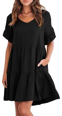 Produktbild von XFSRG Damen Sommerkleid V Ausschnitt Kleid mit Taschen Knielang Kurzarm Sommerkleid Freizeitkleid Damen Lockeres Stufenkleid für Alltag Urlaub Strand (Schwarz M)