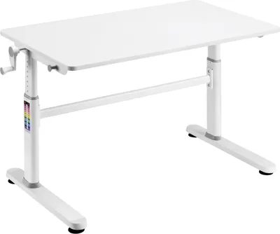 A white adjustable desk for children.