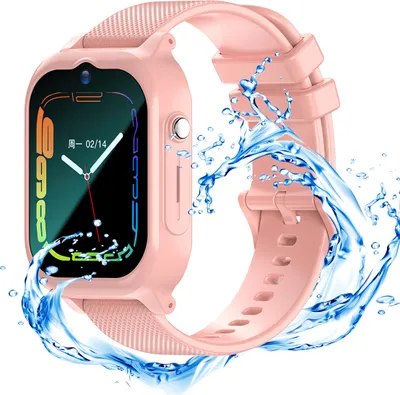 A pink smartwatch with a colorful digital display, surrounded by splashing water.