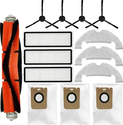 A collection of cleaning accessories for a robot vacuum cleaner, including a brush roll, filters, side brushes, and dust bags, arranged on a white background.