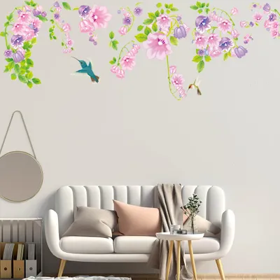Produktbild von Dekorative Wandaufkleber mit Vögeln und lila Blumen
