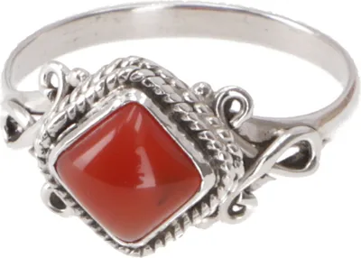 Produktbild von Boho Silberring, Filigraner Edelsteinring mit Rechteckigem Stein - Karneol, Rot, SterlingSilber, Ringgröße: 56 (17,8 Mm), 1*1 cm