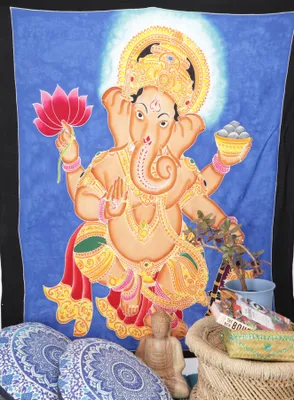 Produktbild von Wandbehang, Wandtuch, Wandbild, Batiktuch - Ganesha, Blau, Viskose, 95*110*0,3 cm, Wandtaschen & Wandbehänge