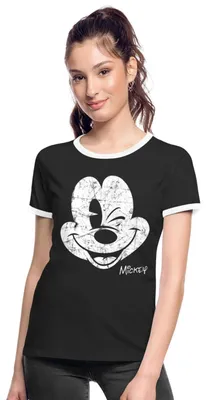 Produktbild von Mickey & Minnie Retro Mickey Mouse Zwinkernd Frauen Kontrast T-Shirt, L, Schwarz/Weiß