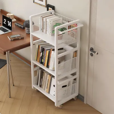 Immagine prodotto di Libreria in metallo bianca con ruote, 3 ripiani, capacità portante di 70 kg
