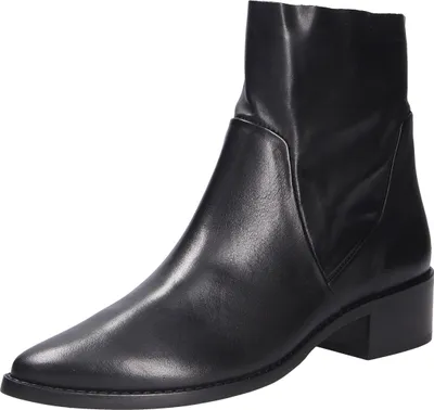 A black leather ankle boot.