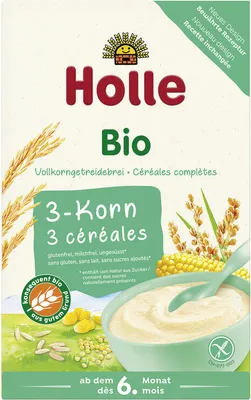 Zdjęcie produktu dla KASZKA PEŁNOZIARNISTA 3 ZBOŻA BEZ DODATKU CUKRÓW BEZGLUTENOWA OD 6 MIESIĄCA250 g - HOLLE