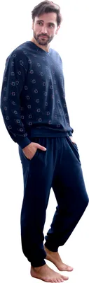 Produktbild von Herren Frottee Pyjama lang mit Bündchen - auch in Übergrössen bis Gr. 70 - 291 101 93 454 ; marine , 50
