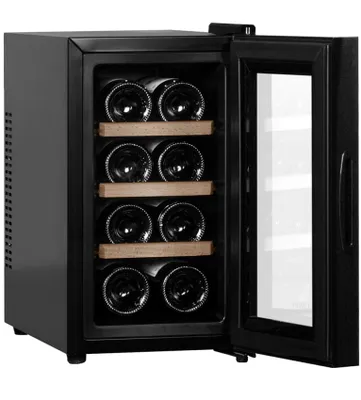 Produktbild von CAVIN Freistehender Weinkühlschrank - Northern Collection 8 Black | Peltiertechnologie | Kapazität 8 Flaschen | 5 bis 18°C | Glastür mit UV-Schutz | Holzregale | Kleiner schwarzer Kühlschrank | Leise mit 35 dB