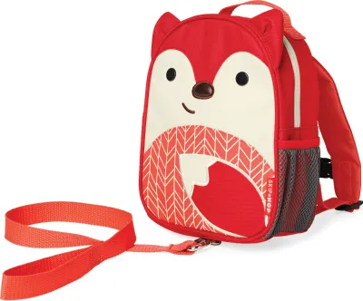 A red fox-themed mini backpack with a leash, shown against a white background.