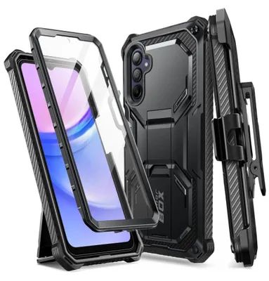 A black phone case with a built-in kickstand and a detachable holster is displayed with a smartphone inside the case.