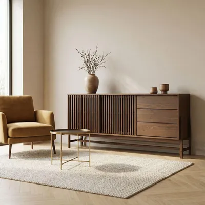 Produktbild von Sideboard ADAMO 175 cm aus Massivholz, Nussbaum Finish - Kommode mit 2 Lamellen-Schiebetüren und 3 Schubkästen, Wohnzimmer Möbel mit großem Stauraum, Anrichte mit verstellbarem Einlegeboden