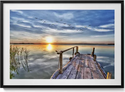 Produktbild von Sonnenuntergang am See– Wandbild mit Rahmen – Gerahmtes Bild  – Wanddekoration – 100x70 cm –  Schwarz Rahmen