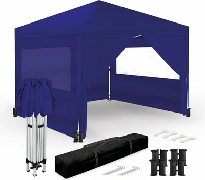 Produktbild von Wasabi - Klappzelt 3x3m – 4 Seitenwände – 4 Sandsäcke, Erdnägel und Befestigungsseile – Transporttasche – Nylon Pergola Blau
