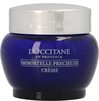 A product shot of a L'Occitane Immortelle Precious Cream jar.