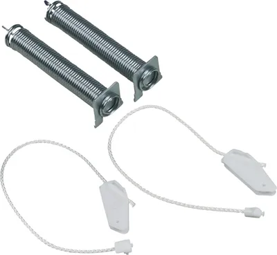 Two metal springs with attached white plastic pull cords on a white background.