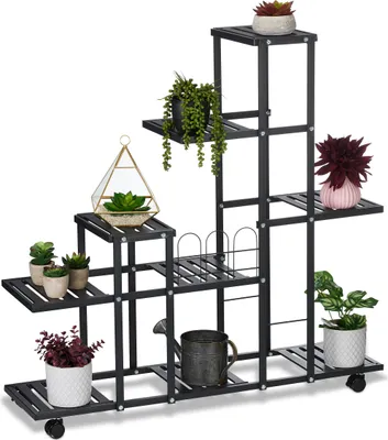 Image de Support à fleurs Relaxdays avec roulettes, H x L x P : 91,5 x 93 x 26 cm, métal, 9 étagères, support à plantes d'intérieur, noir