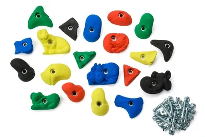 Klettergriffe Komplettset StarterKids Easy von Kletterbude; bestehend aus bunten Griffen in verschiedenen Formen und Schrauben.