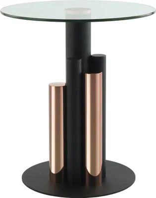 Produktbild von Qiyano Beistelltisch rund Säule Skulptur Edelstahl Glas zweifärbig modern Design Metallic glänzend Nachttisch Ablage Wohnzimmer Couch Flur Pflanzenständer Höhe: 52 cm Farbe: Roségold / Klar
