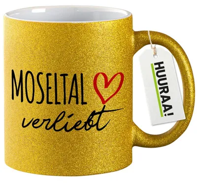 Produktbild von Huuraa Glitzertasse Moseltal verliebt 330ml Gold Keramik Kaffeebecher Geschenkidee