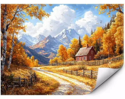 Produktbild von Selbstklebende Fototapete Herbstliches Ferienhaus inmitten von Berglandschaften für Wohnzimmer und Schlafzimmer 400x280 cm