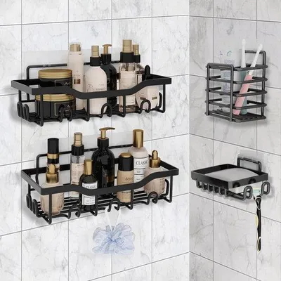 Immagine prodotto di Set di accessori per il bagno, nero, 4 pezzi, senza forature, con portasapone e portaspazzolini, portashampoo, 14 ganci.