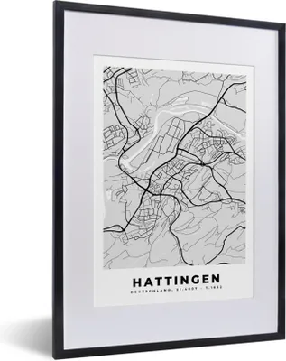 Produktbild von MuchoWow® Gerahmtes Poster Stadtplan - Hattingen - Karte - Deutschland 30x40 cm - Poster mit Schwarzem Bilderrahmen Wandposter Rahmen Foto Bilder - Wandposter Schlafzimmer