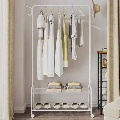 Immagine prodotto di Portaabiti Unyqoos® 2-in-1 con scaffale a 2 livelli per scarpe, 4 ruote e 4 ganci, bianco, 85×32×164 cm, modello GR07416W