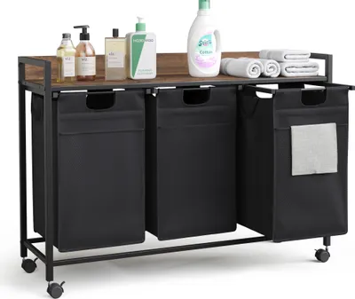 Image de Mondeer Panier à linge 3 compartiments Collecteur de linge avec étagère et 3 sacs à linge 3x50L marron vintage et noir
