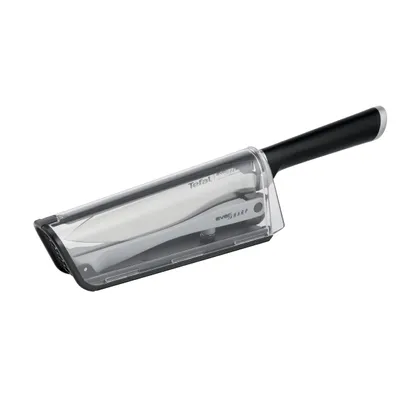 A chef's knife with a protective sheath and a built-in sharpener, presented on a white background.
