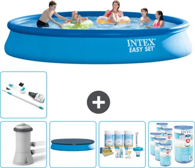 Produktbild von Intex runder aufblasbarer Easy Set-Schwimmpool – 457 x 84 cm – Blau – inklusive Pumpe Abdeckung - Wartungspaket - Filter - Staubsauger