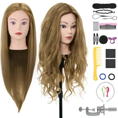 Produktbild von Frisierkopf Übungskopf 80 % Echthaar mit Stativ – Friseurkopf Friseurpuppe – inkl. Styling-Zubehör – Dunkelblondes Haar – 70 cm