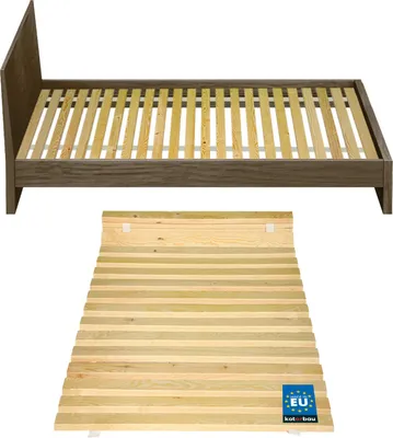 A bed frame and a separate slatted base are shown against a white background.