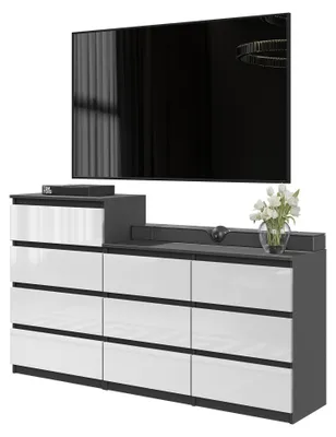 Produktbild von Kommodenset Anthrazit Grau / Weiß Hochglanz mit 10 Schubladen (6+4) – Großes Sideboard Set für Schlafzimmer & Wohnzimmer – GABRIEL