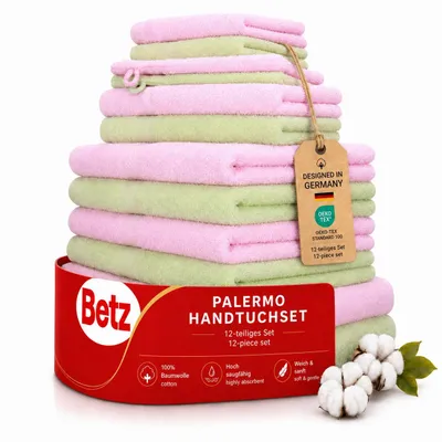 Produktbild von Betz 12-TLG. Handtuch-Set Palermo 100% Baumwolle 2 Liegetücher 4 Handtücher 2 Gästetücher 2 Seiftücher 2 Waschhandschuhe Farbe rosé und grün