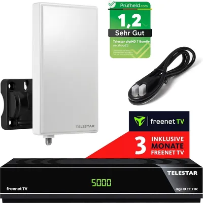 Produktbild von Telestar DVB-T2 Receiver + 3 Monate Freenet GRATIS + DVB-T Außenantenne + HDMI Kabel, HDTV, PVR Ready, HD USB Mediaplayer, HDMI (Hybrid Receiver für DVB-T2 und Kabel TV)