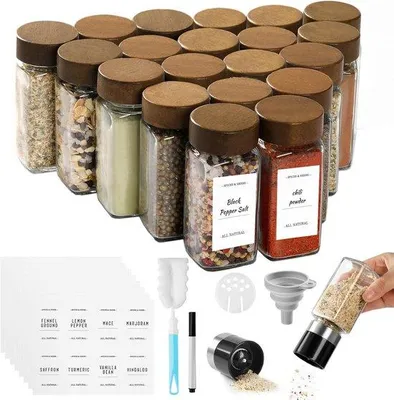 Produktbild von Famanu Gewürzbehälter Set, quadratisch, 20 Stück, mit Holzdeckel und 2 Gewürzmühlen, 120 ml