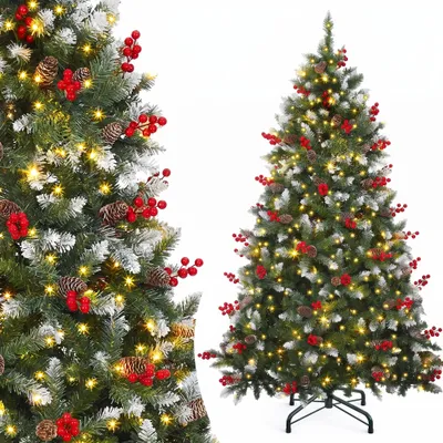 Produktbild von 180 cm Weihnachtsbaum mit Schnee, 250 LED Beleuchtung, Dekobaum mit 58 Kiefernzapfen, 58 Beeren, Kieferbaum, Metallständer, Φ95cm