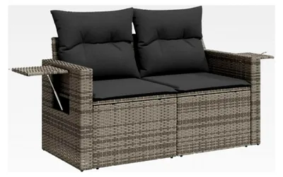 Produktbild von Gartensofa mit Kissen für 2 Personen, Sofa mit klappbaren Ablagen, Terrassensofa mit abnehmbarem, waschbarem Bezug, Gartenmöbel, Grau Poly Rattan