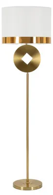 Zdjęcie produktu dla Lampa podłogowa Coin 151 cm – metalowa lampa podłogowa w kolorze glamour gold z geometrycznym zdobieniem i abażurem z tkaniny – E27 40 W