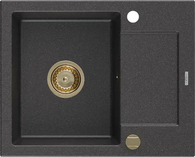 Produktbild von Mexen Enzo Granitspüle mit einem Becken und einer Abtropffläche 576 x 465 mm, Schwarz gesprenkelt, Siphon Gold - 6506571005-76-G