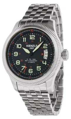 Produktbild von Kienzle Herrenuhr Automatik NH35 44 mm Pilot Design, Saphirglas, Datumsanzeige, 10 ATM, satiniertes Edelstahlgehäuse und massives Edelstahlband