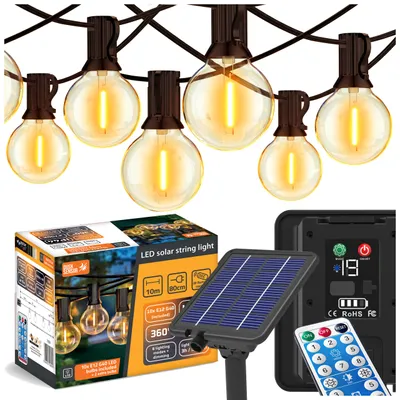 Produktbild von MasterLED Solar LED Lichterkette Außen 10m mit 10x E12 G40 Glühbirnen, Dämmerungssensor, 2700K Warmweiß, IP44, Fernbedienung