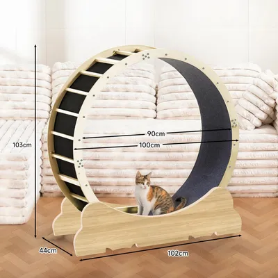 Produktbild von Katzenlaufband - Rundes Katzenlaufrad - 100 cm - Extra groß - Ultraleise - Metall - Holzfarben mit Katzenohren B