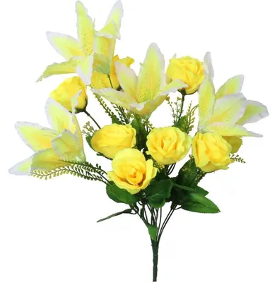 Imagen del producto de Ramo de 12 rosas amarillas y lirios, 50 cm