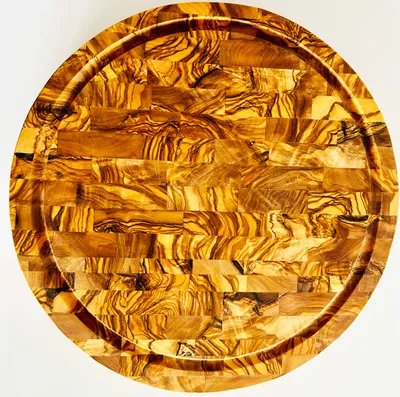 Produktbild von 2-1 rund (30cm Durchmesser) Olivenholz großer massiver Schneid-Holzblock Schneidebrett & Servierbrett in Einem - beidseitig verwendbar