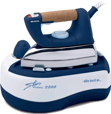 A product shot of an Ariete steam iron and its base.